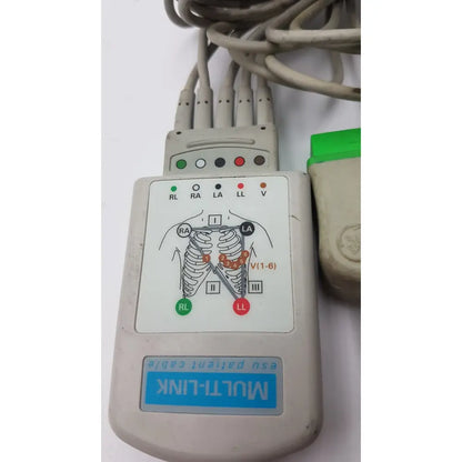 Beige plastic esu patient cable monitor with labeled electrode placement and indicator lights for marquette multilink esu