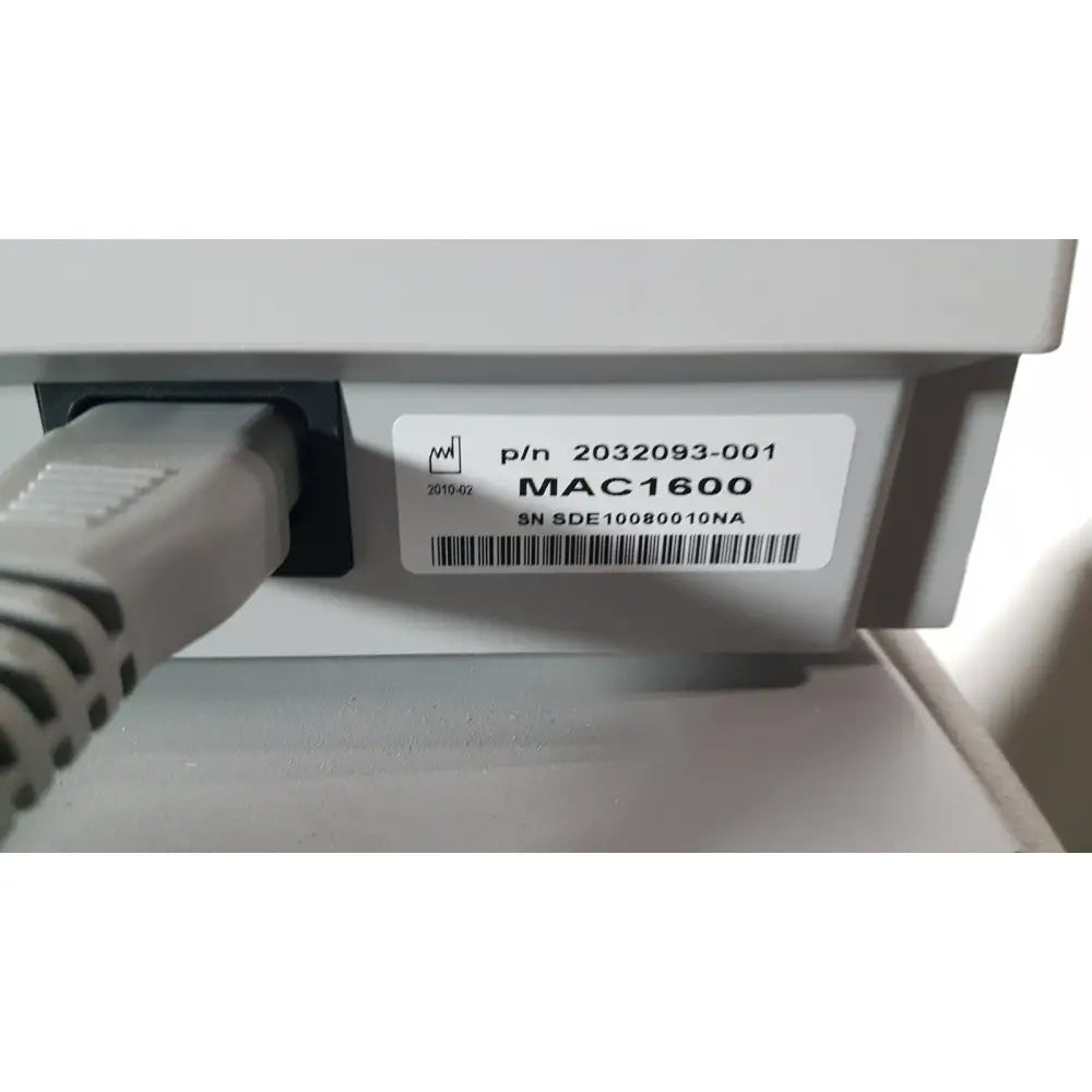 Gray plastic medical mac1600 ecg device with cable and part number 2032093-001 for mac1600 ecg analysis system