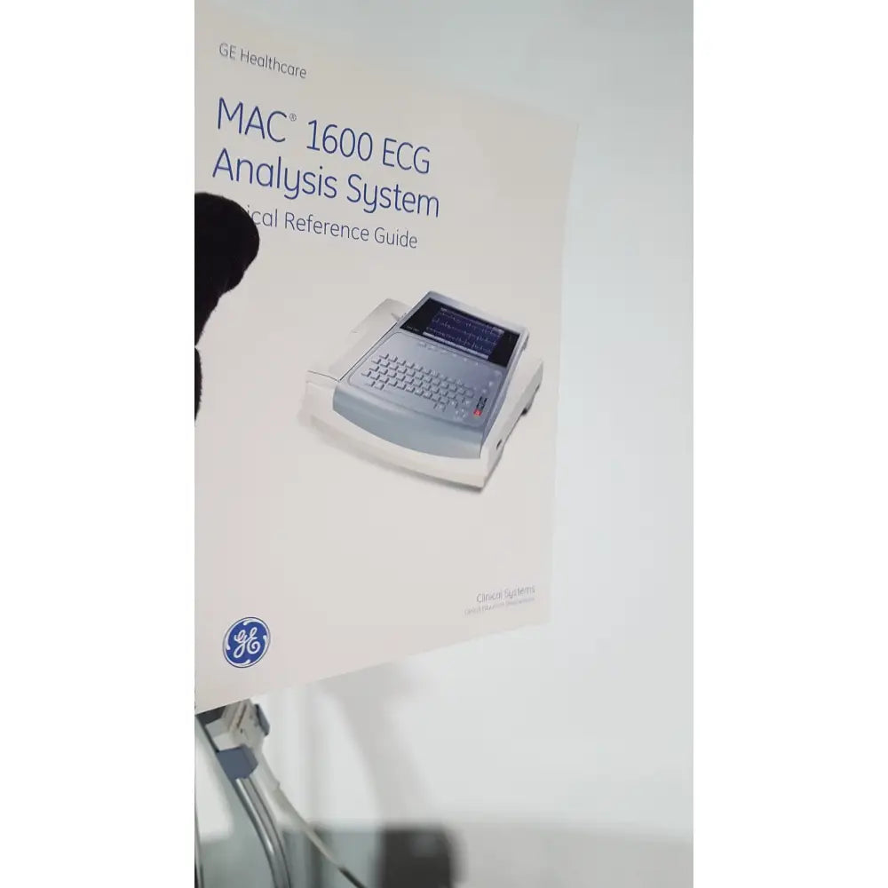 Ge medical mac1600 ecg analysis system with gray and white digital display and cart stand for accurate mac1600 ecg analysis