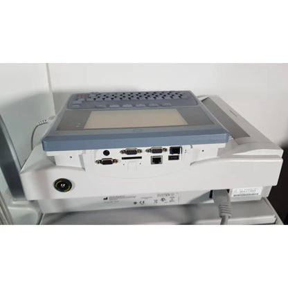 Gray and white medical mac1600 ecg analysis system with built-in keyboard usb and ethernet ports and small screen
