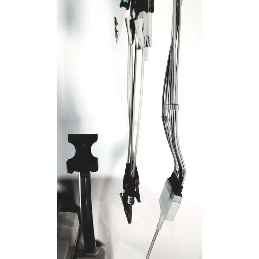 Black and silver medical cable with clamps for use with GE medical mac1600 ecg analysis system and cart stand extras