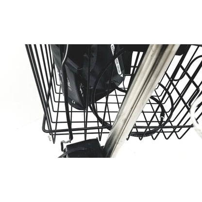 Black wire basket with metal frame holding black bag and coiled cables on ge medical mini-torr plus patient monitor ref cart