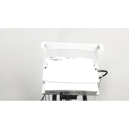 White plastic ge medical mini-torr plus patient monitor ref 3444 with curved handle and rolling stand cart