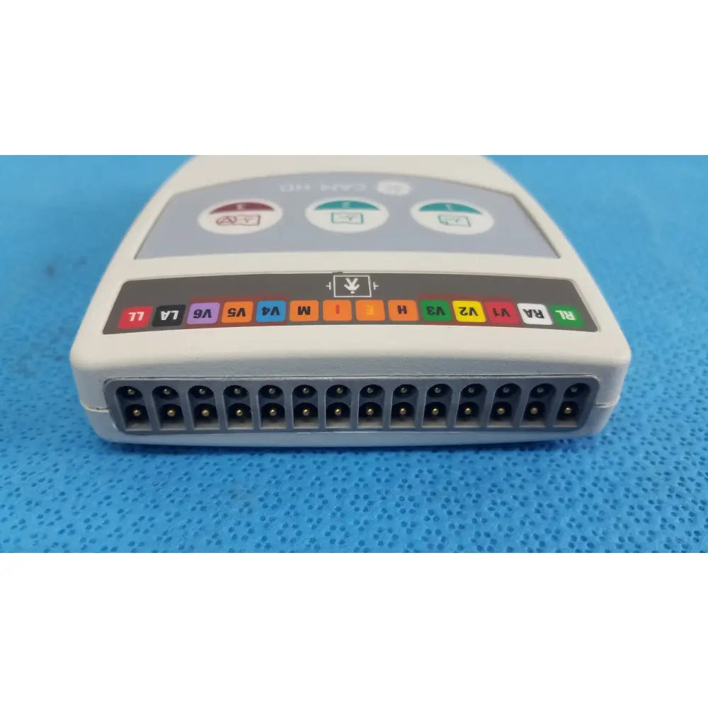 White plastic GE Medical System CAM HD 900995-003 ecg acquisition module with colorful electrode connectors and control panel