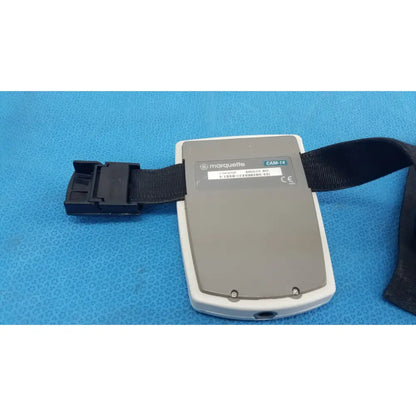 Gray and white marquette cam-14 acquisition module medical monitoring device with black adjustable strap by ge medical system