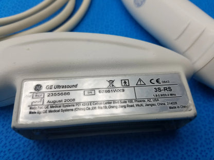 White GE medical systems 3S-RS ultrasound transducer probe with model 3s-rs and serial number sn 97861wx9 for ultrasound imaging
