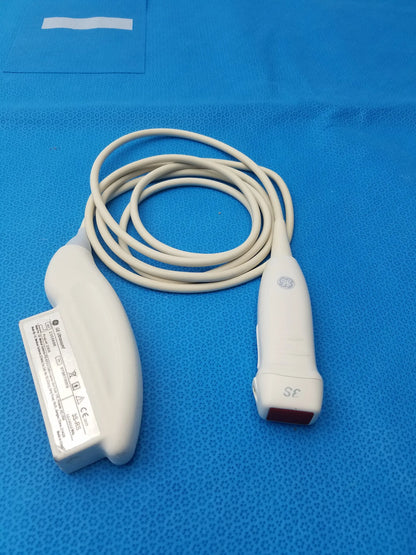 White GE Medical Systems 3S-RS ultrasound transducer probe with coiled cable and labeled housing for ultrasound imaging