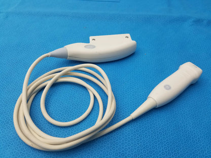 Ge medical systems 3s-rs white ultrasound transducer probe with coiled cable and smooth ergonomic plastic casing for ultrasound imaging