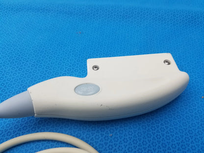 White plastic GE Medical Systems 3S-RS ultrasound transducer probe with gray tip and two silver screws on back for ultrasound imaging