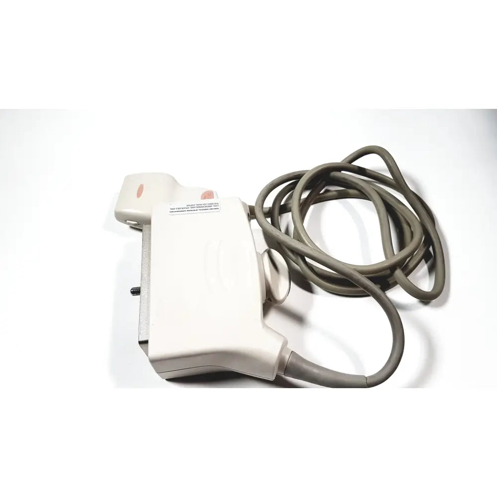 Off-white ge medical systems 4c-rs ultrasound convex array transducer with coiled gray cable for medical use