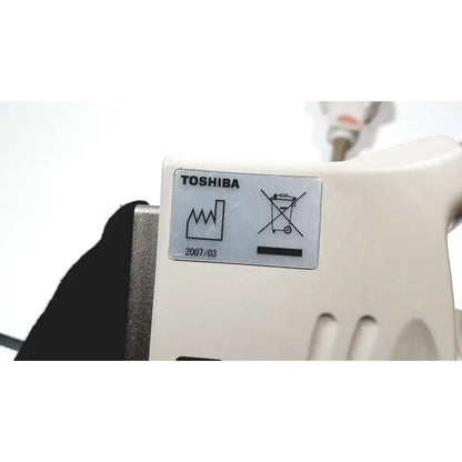 Toshiba white plastic ultrasound convex array transducer with silver metallic edge and ventilation slots for medical systems