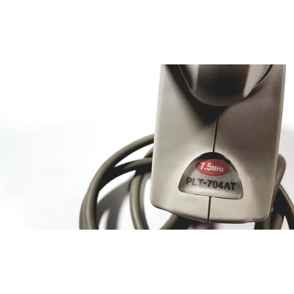 Silver metal ultrasound convex array transducer with 7.5mhz label and coiled gray cable for ge medical systems