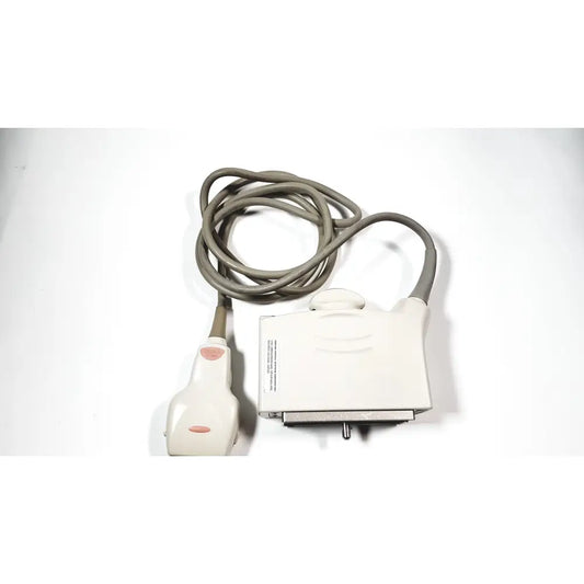 White ultrasound convex array transducer with gray cable and pink buttons by GE medical systems model 4C-RS