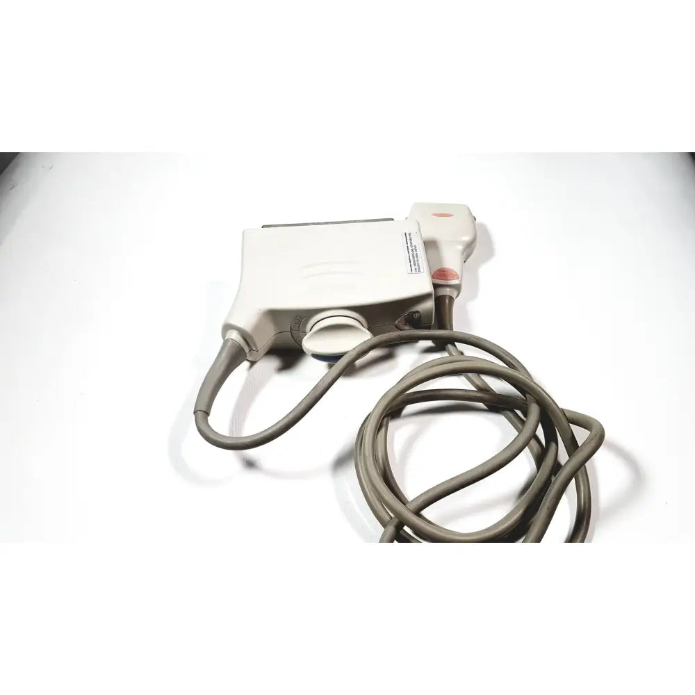 Gray ultrasound convex array transducer with beige handle and coiled cable from GE medical systems model 4c-rs