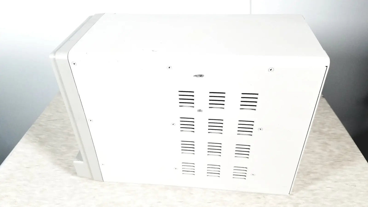 White rectangular GE tram-rac 4a module rack with horizontal ventilation slits for reuse medical equipment