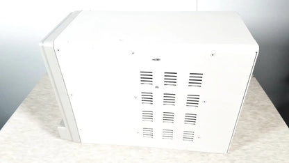 White rectangular GE tram-rac 4a module rack with horizontal ventilation slits for reuse medical equipment