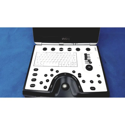 Black and white GE vivid portable ultrasound machine with keyboard and control buttons displaying vivid-i3 brand name