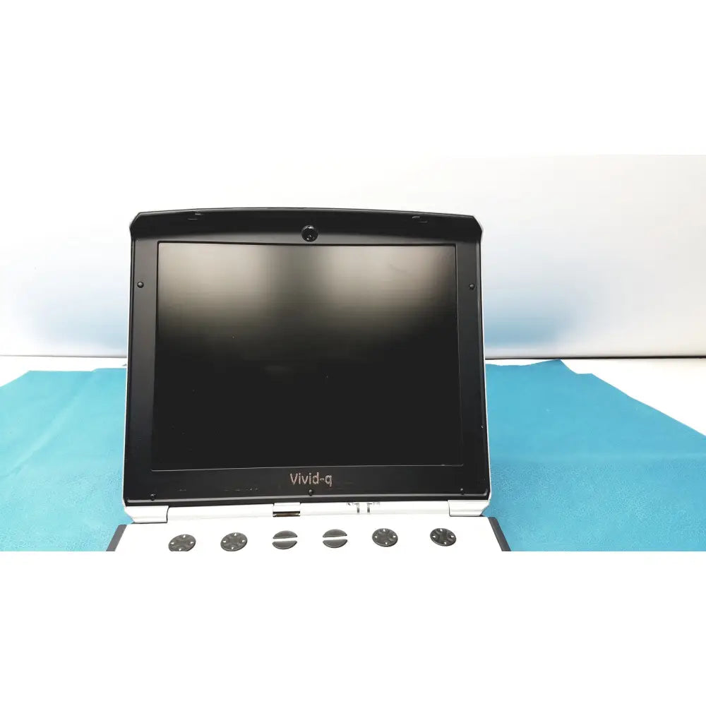 Black and white vivid portable ultrasound machine laptop with sleek minimalist design and built-in camera above screen