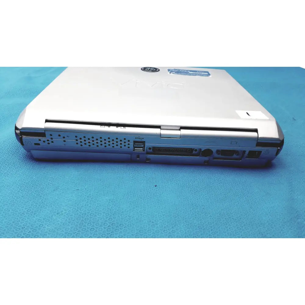 Silver-colored sleek compact vivid portable ultrasound machine with matte finish and metallic accents on edges