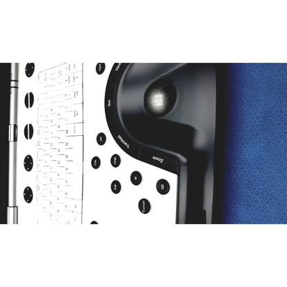 Black and white ergonomic keyboard with integrated trackball and labeled function buttons for vivid portable ultrasound machine