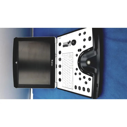 Black and white vivid portable ultrasound machine with touchscreen, keyboard, and integrated trackball handheld computer