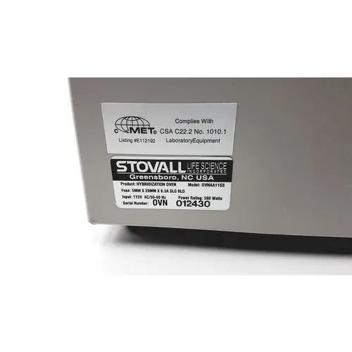 Gray metal genechip hybridization oven 640 by stovall life science corporation with compliance sticker and model number