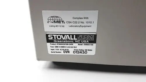 Gray metal genechip hybridization oven 640 by stovall life science corporation with compliance sticker and model number