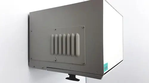 Gray metallic wall-mounted genechip hybridization oven 640 with vertical slatted vents and small black base for reuse medical use