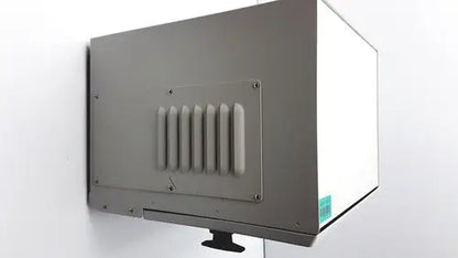 Gray metallic wall-mounted genechip hybridization oven 640 with vertical slatted vents and small black base for reuse medical use