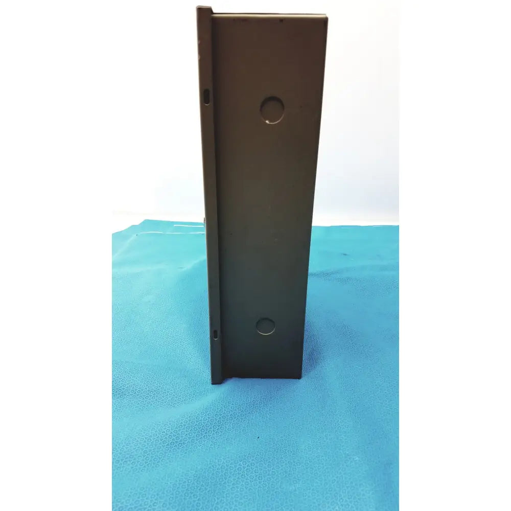 Black metal general purpose medium steel nema 1 electrical junction box with two circular mounting holes and vertical edge profile