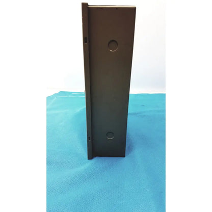 Black metal general purpose medium steel nema 1 electrical junction box with two circular mounting holes and vertical edge profile