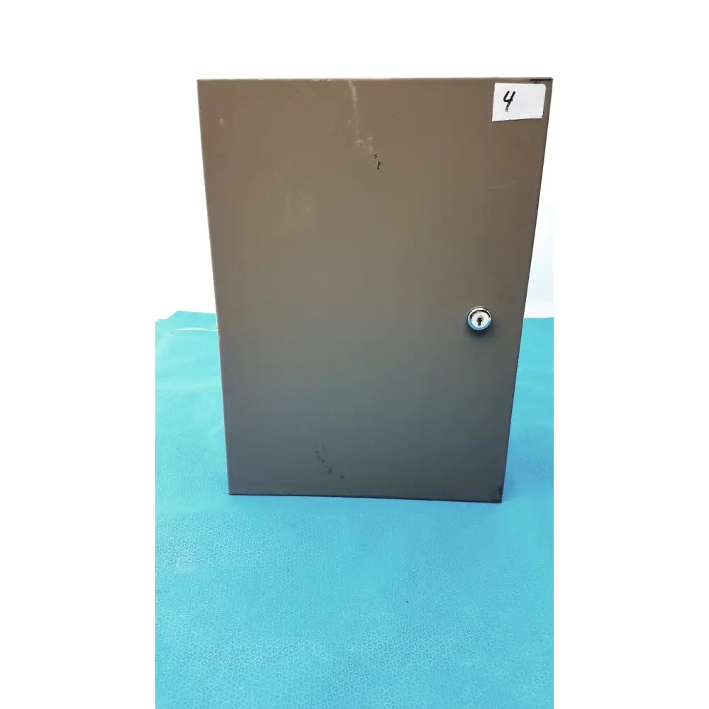 Dark gray general purpose medium steel nema 1 enclosure with keyhole and white price tag marked 4 in top right corner