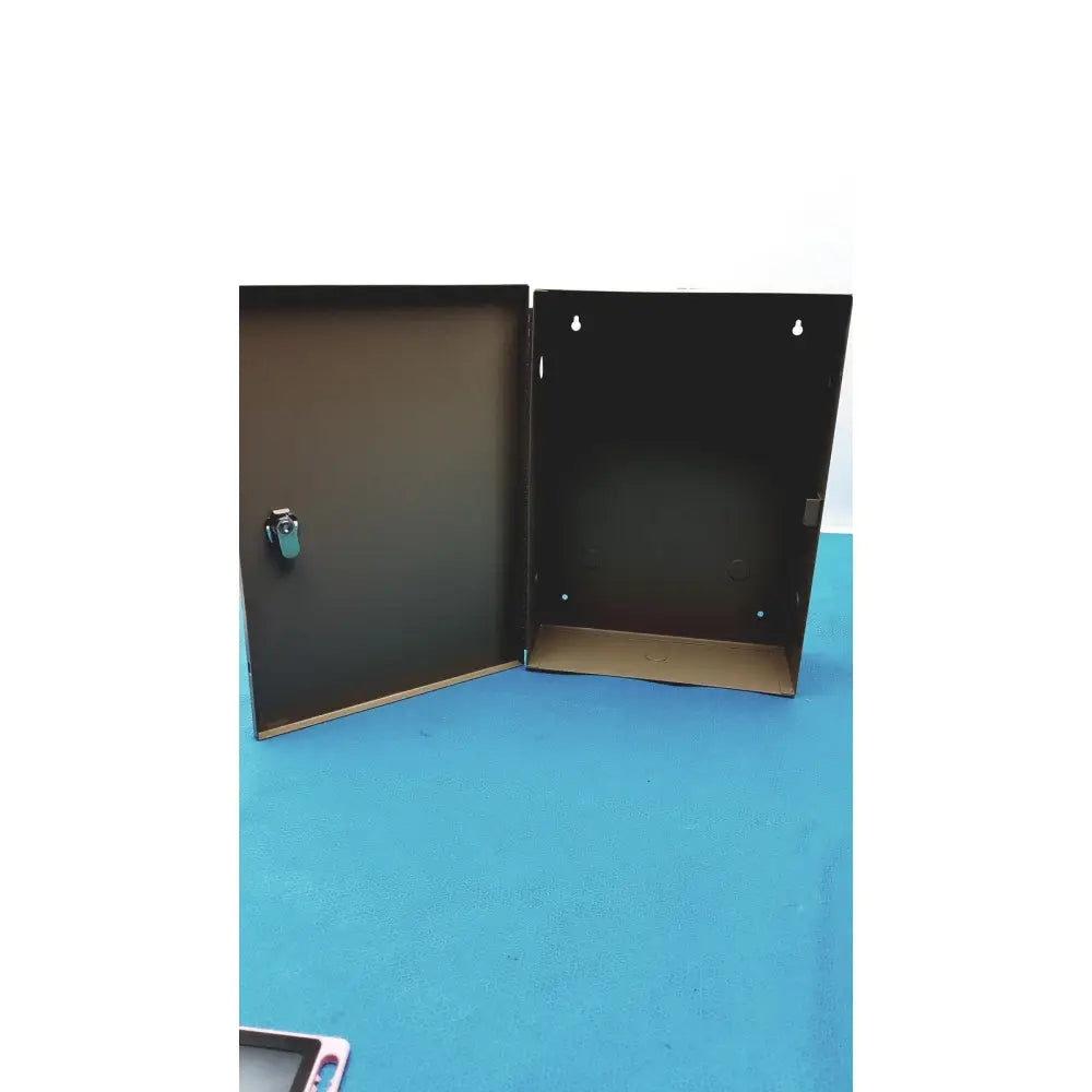 Black general purpose medium steel nema 1 enclosure with hinged door and small latch for industrial use