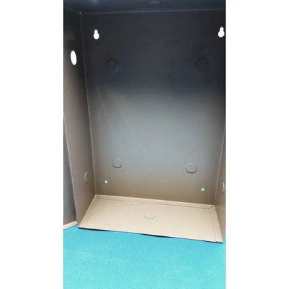 Gray metal general purpose medium steel nema 1 enclosure with circular mounting holes and flat bottom panel