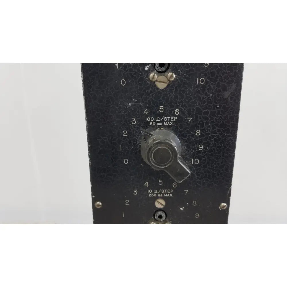 Black speckled metal General Radio 602-N decade resistance box panel with two rotary dials for resistance and current settings