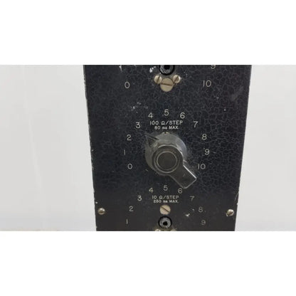 Black speckled metal General Radio 602-N decade resistance box panel with two rotary dials for resistance and current settings