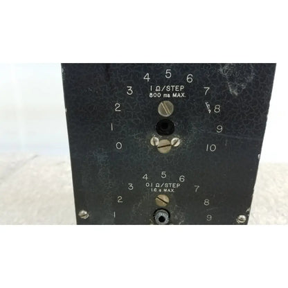 Black textured metal decade resistance box general radio 602-n with numbered dials and screw-adjustable resistance ports