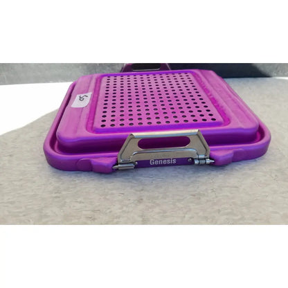 Purple plastic genesis sterilization container half lid with perforated top and metallic latch for secure closure