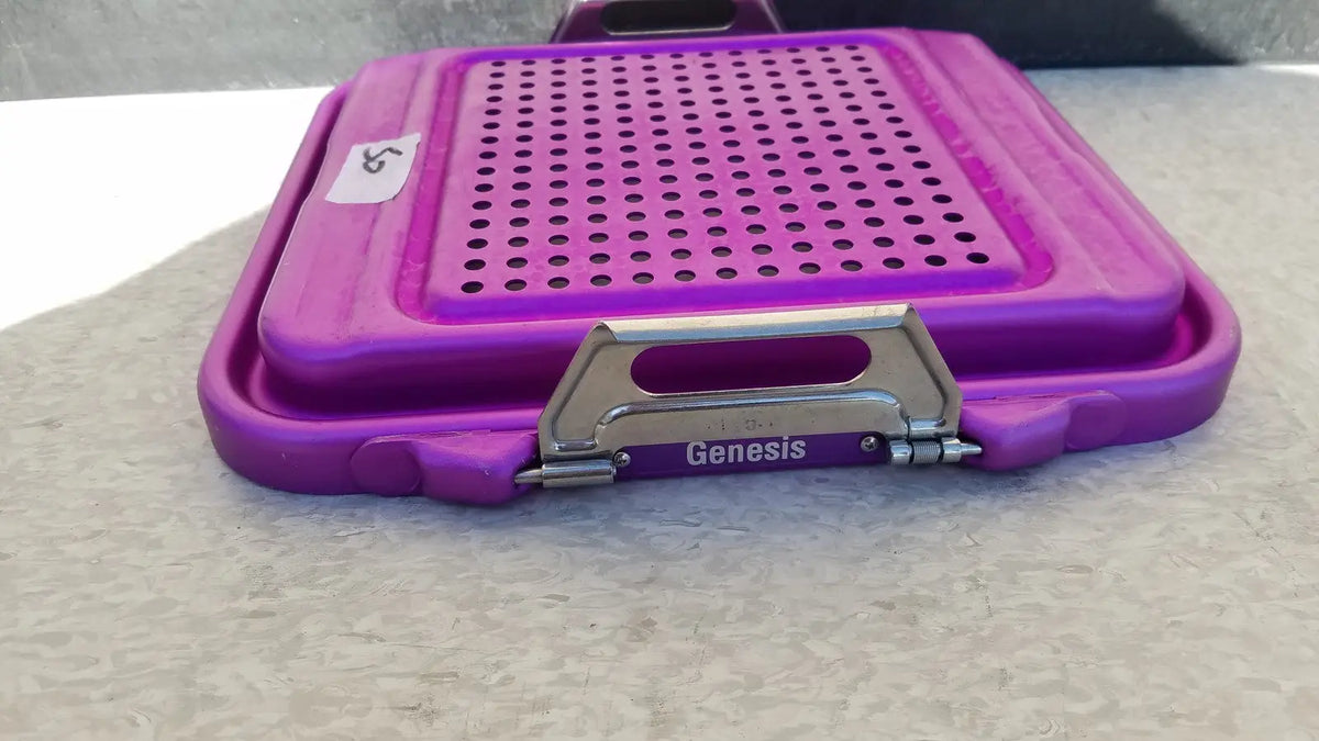Purple plastic genesis sterilization container half lid with perforated top and metallic latch for secure closure