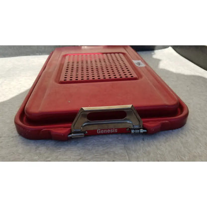 Red plastic genesis sterilization container half lid with perforated top and metal handle for medical use