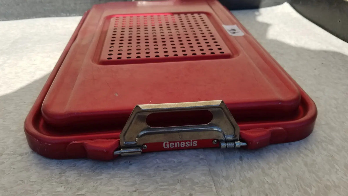 Red plastic genesis sterilization container half lid with perforated top and metal handle for medical use