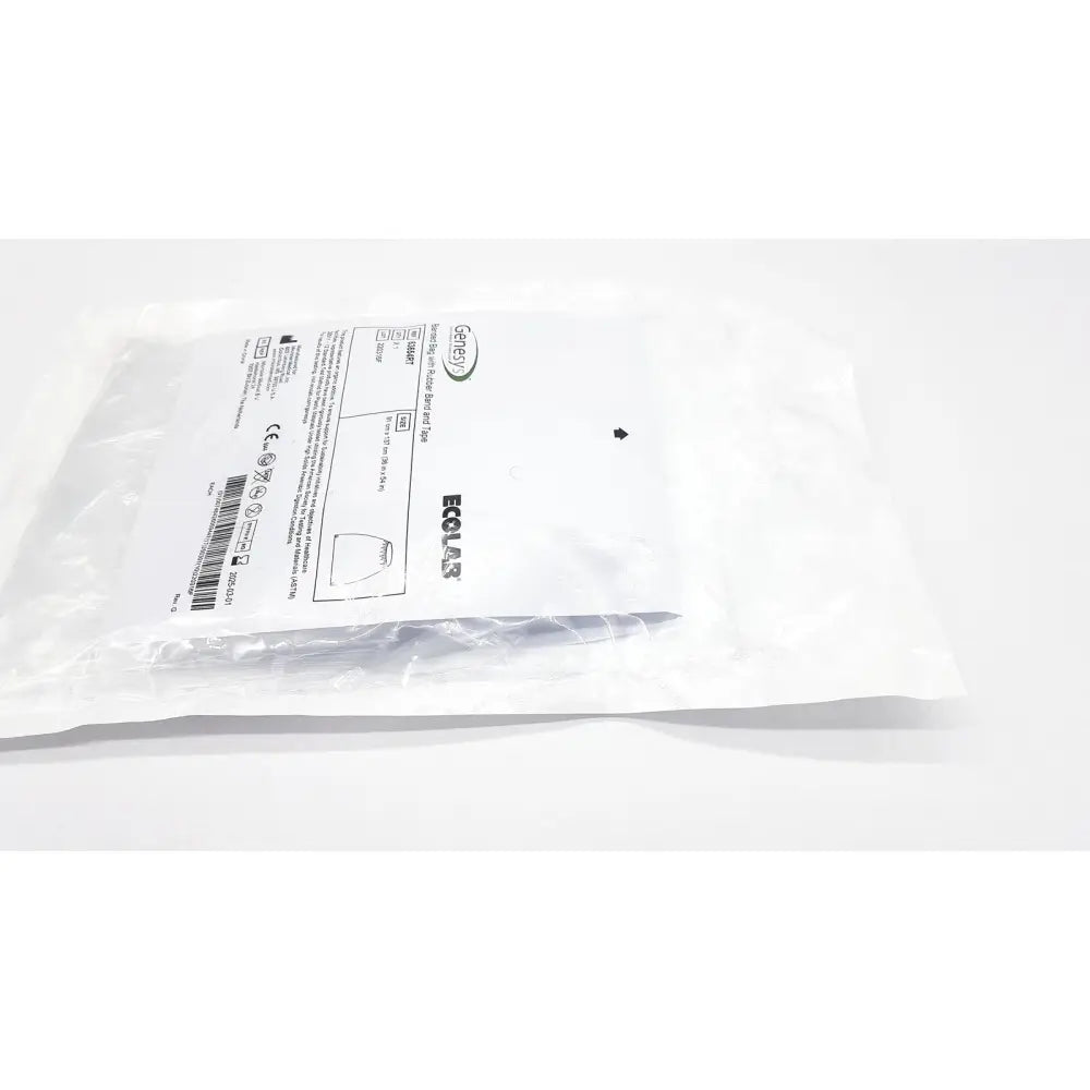 White plastic sterile medical device packaging labeled ecolab ceresy genesys 63654rt banded bag with rubber band and tape