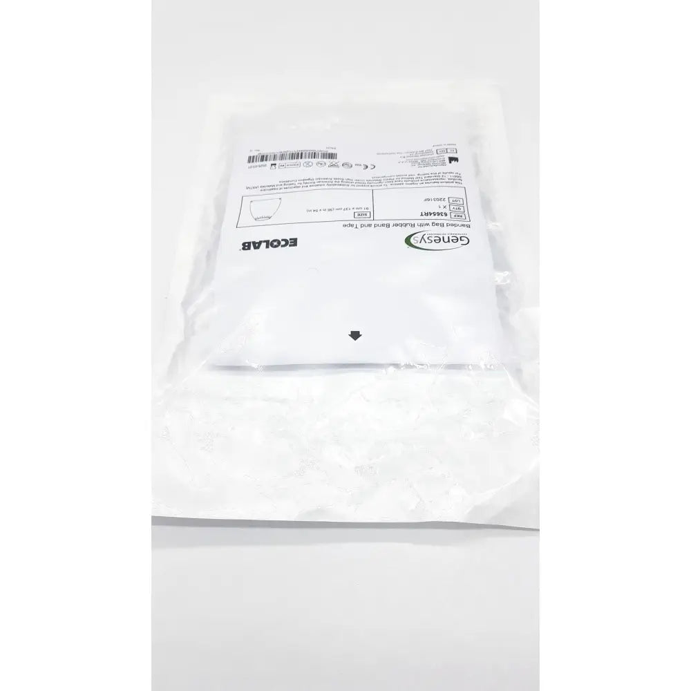 White plastic pouch containing a genesys 63654rt banded bag with rubber band and tape for sterile funnel use