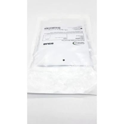 White plastic pouch containing a genesys 63654rt banded bag with rubber band and tape for sterile funnel use