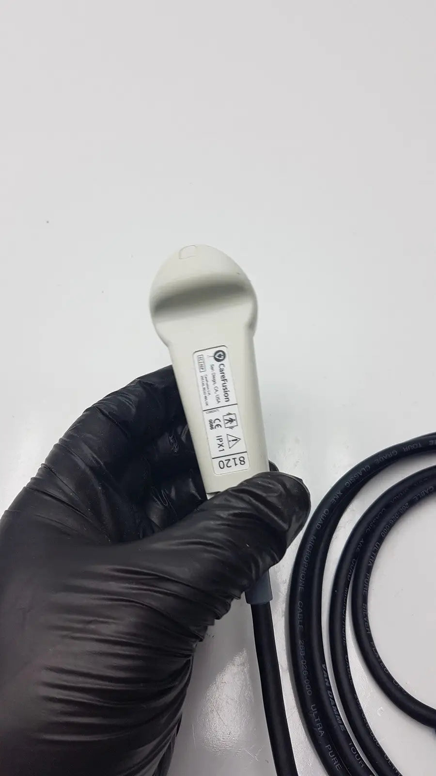 Genuine carefusion handset ultrasound transducer with sleek white curved handle and black cable for pca 8120 replacement