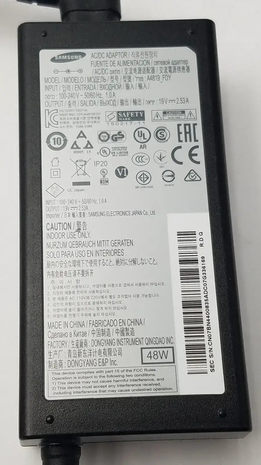 Samsung Genuine Samsung TV Monitor AC/DC Adapter Power Supply A4819_FDY 19V 2.53A 48W AC/DC Power Adapter, second-hand product photo 5