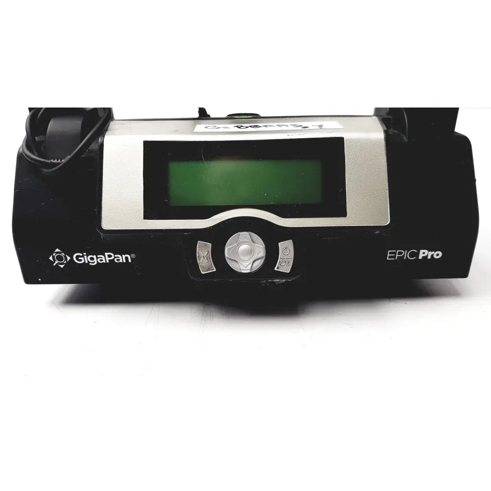 Black and silver gigapan epic pro robotic motorized panohead with green lcd screen and control buttons on the back side