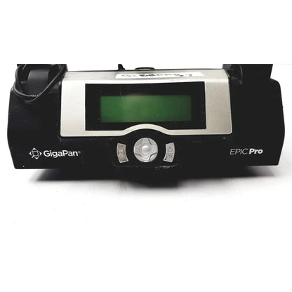 Black and silver gigapan epic pro robotic motorized panohead with green lcd screen and control buttons on the back side
