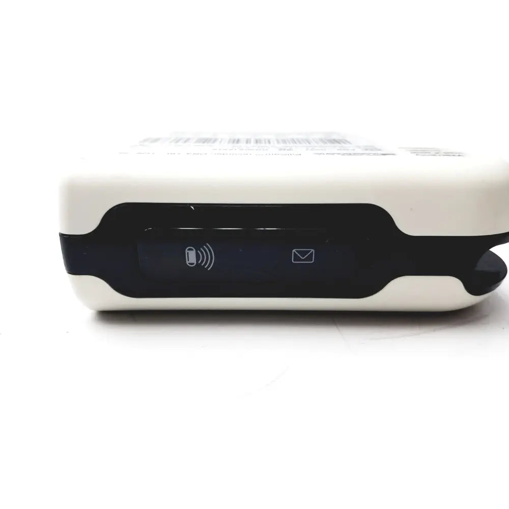 White plastic pillcam recorder data device with black accent strip featuring nfc and email icons model recorder data dr3