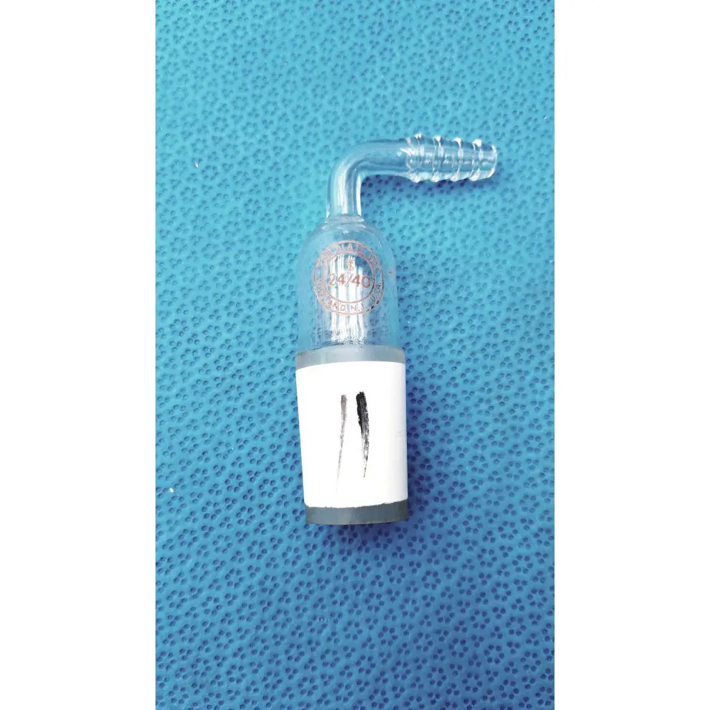 Clear glass adapter tube with right-angle 24/40 cone, curved threaded cap, white label for rubber tubing reuse medical applications